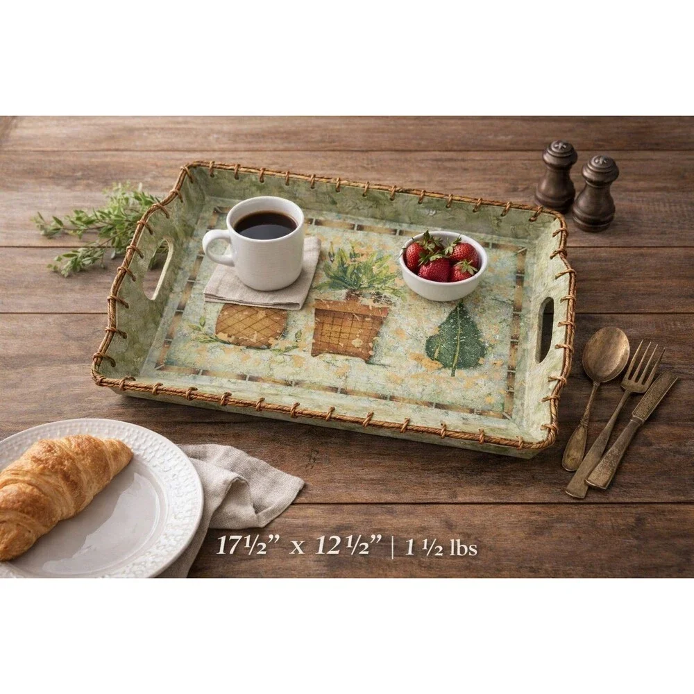 Large Decorative Serving Tray with Handles Rustic Farmhouse Plant Design